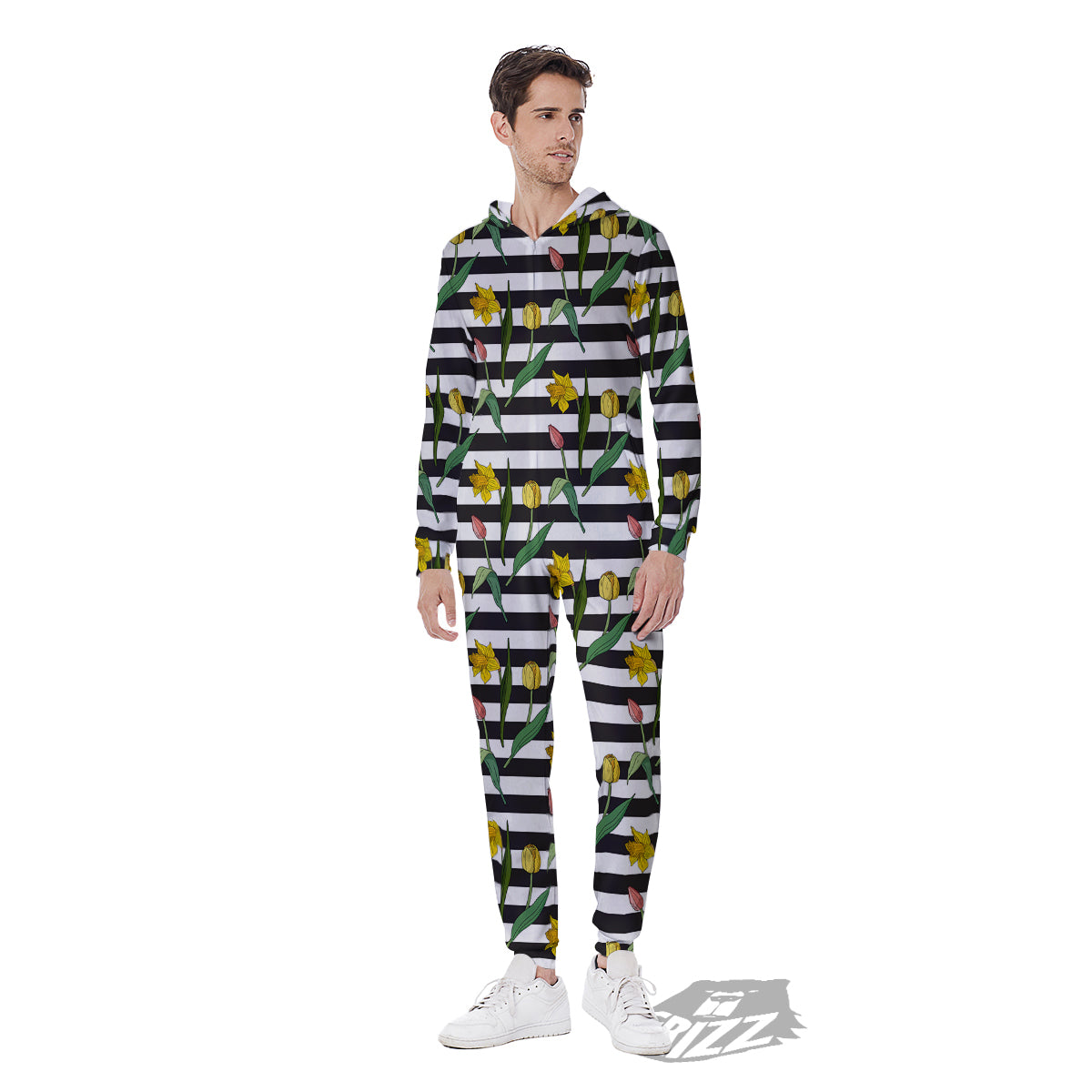 Striped Daffodil Yellow Print Pattern Men's Jumpsuit-grizzshop