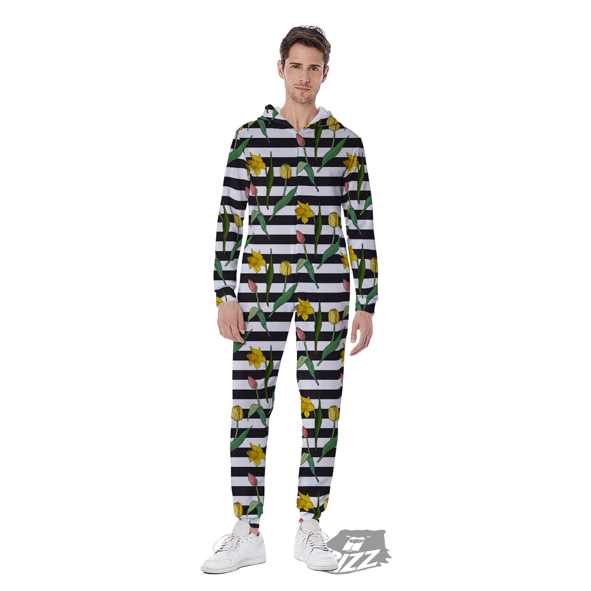 Striped Daffodil Yellow Print Pattern Men's Jumpsuit-grizzshop