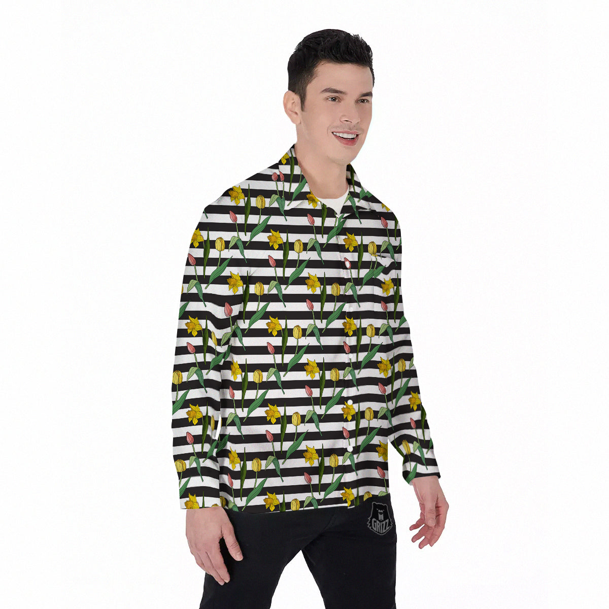 Striped Daffodil Yellow Print Pattern Men's Long Sleeve Shirts-grizzshop
