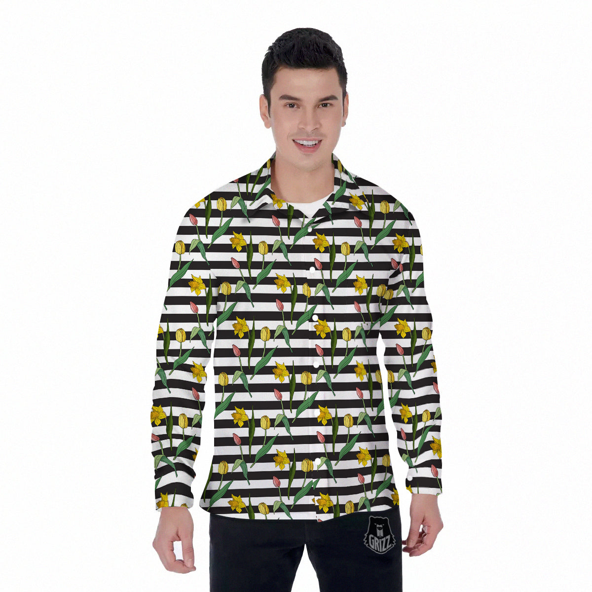 Striped Daffodil Yellow Print Pattern Men's Long Sleeve Shirts-grizzshop