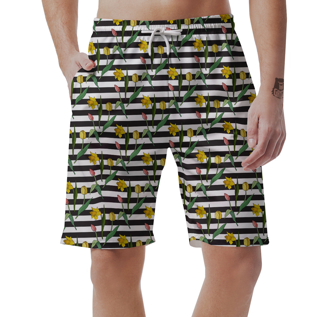 Striped Daffodil Yellow Print Pattern Men's Shorts-grizzshop