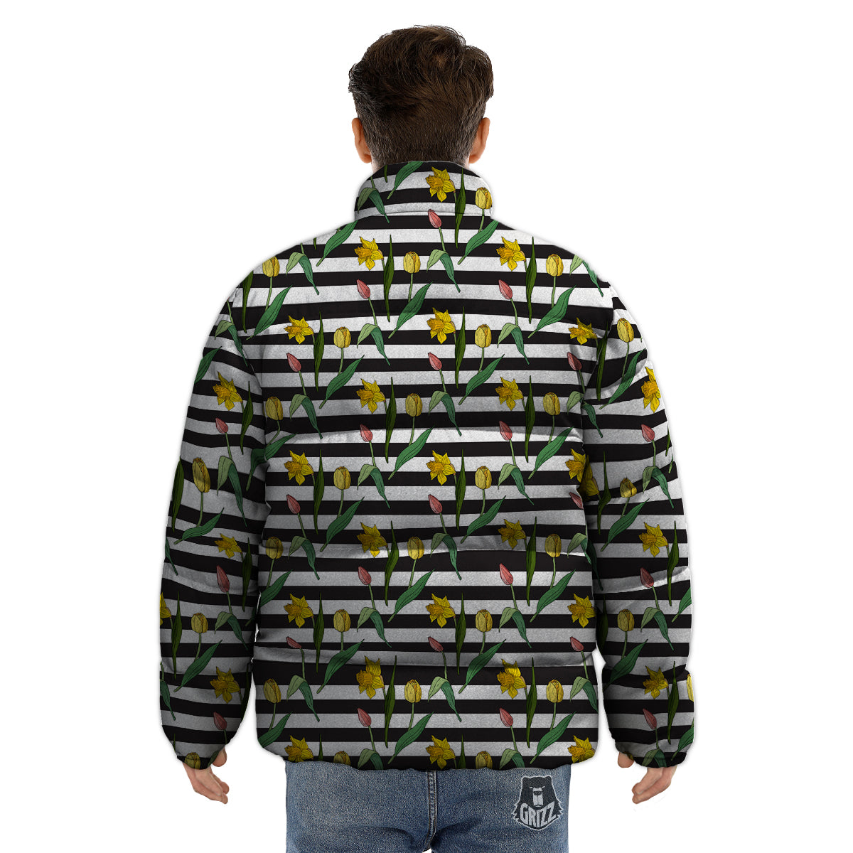 Striped Daffodil Yellow Print Pattern Puffer Jacket-grizzshop
