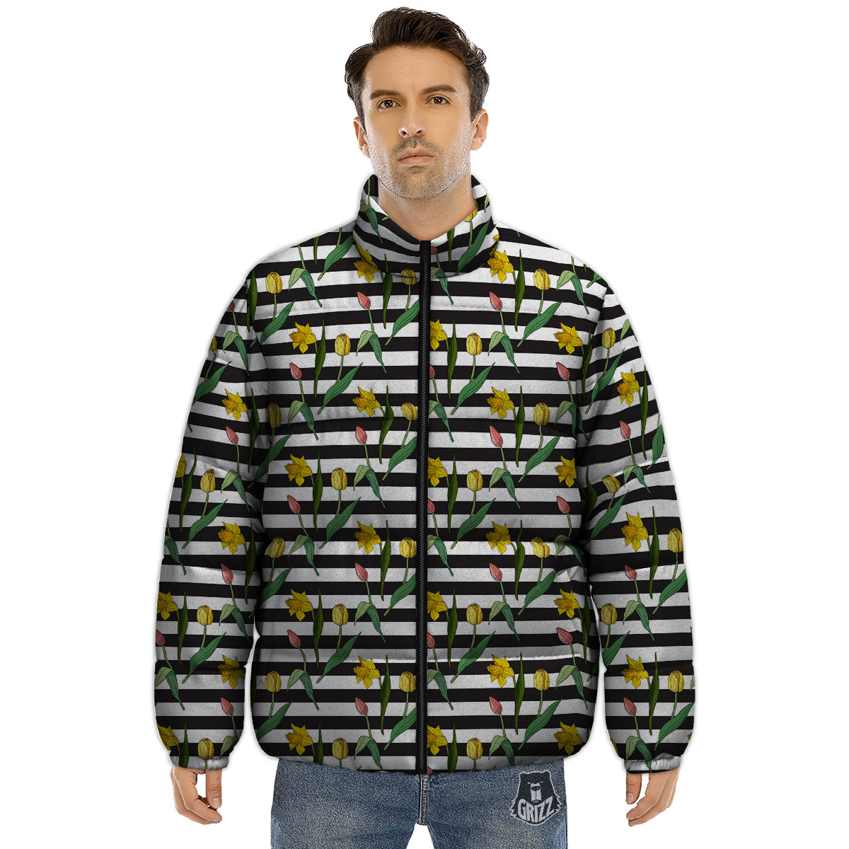 Striped Daffodil Yellow Print Pattern Puffer Jacket-grizzshop