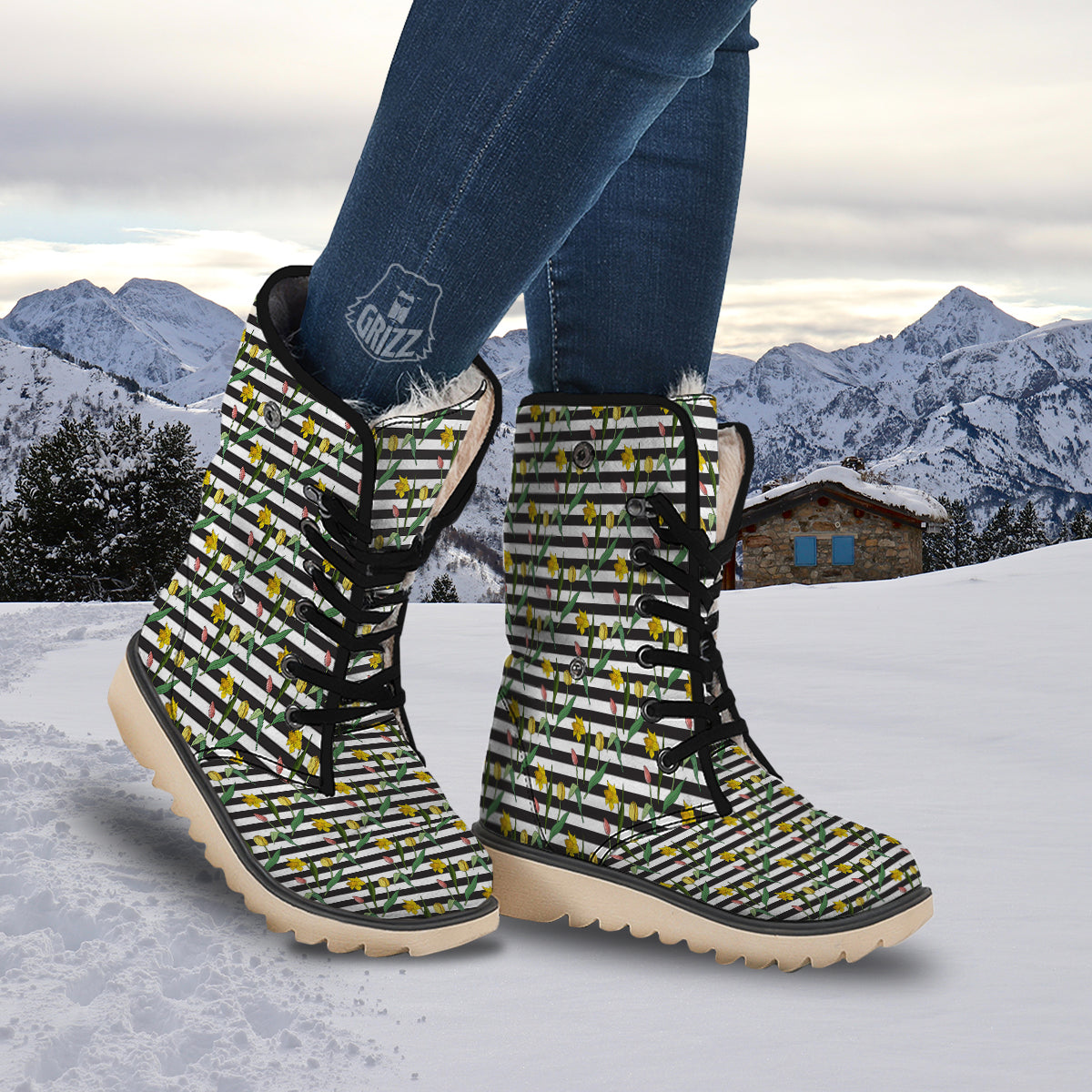 Striped Daffodil Yellow Print Pattern Snow Boots-grizzshop