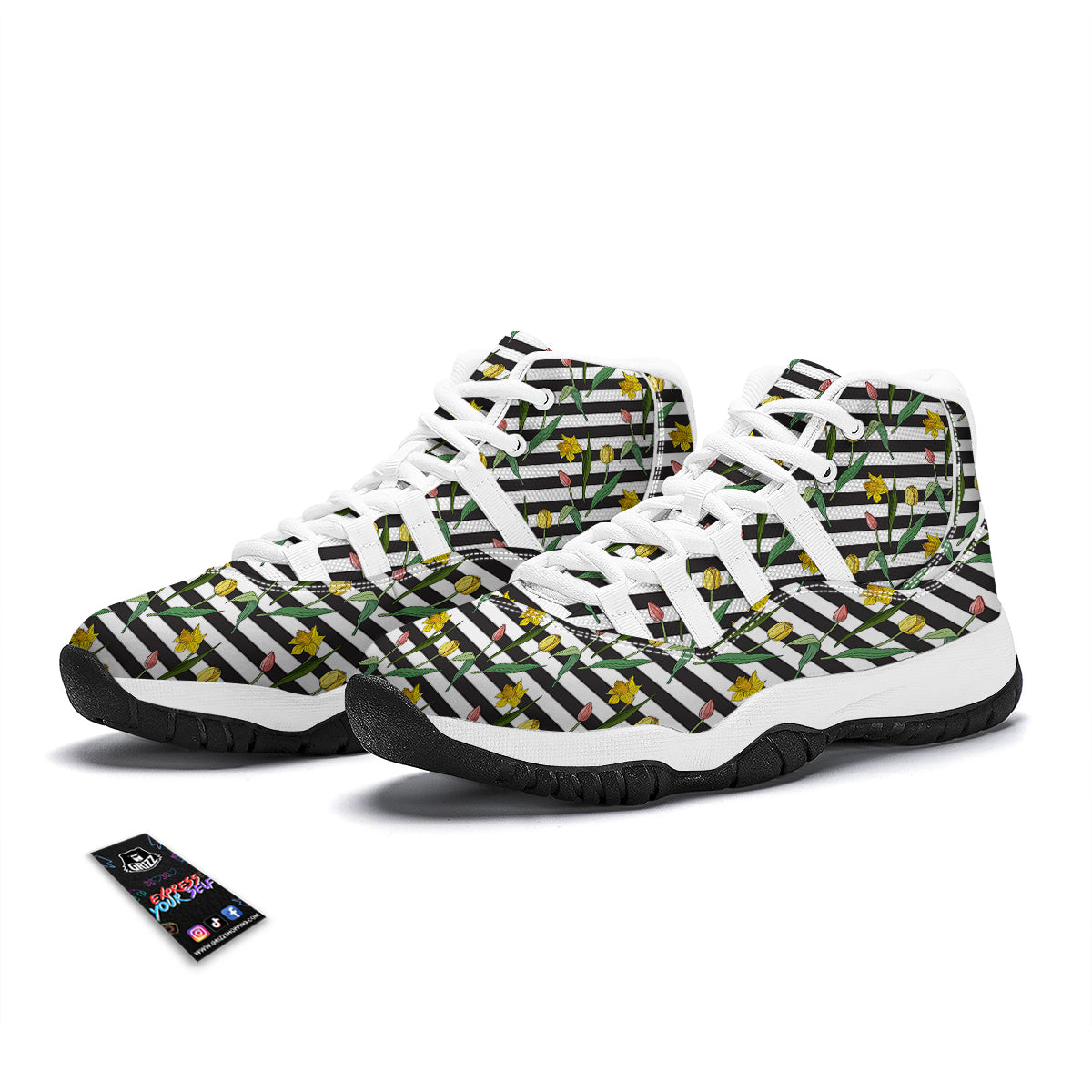 Striped Daffodil Yellow Print Pattern White Bball Shoes-grizzshop