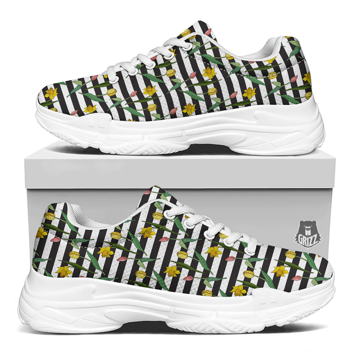 Striped Daffodil Yellow Print Pattern White Chunky Shoes-grizzshop