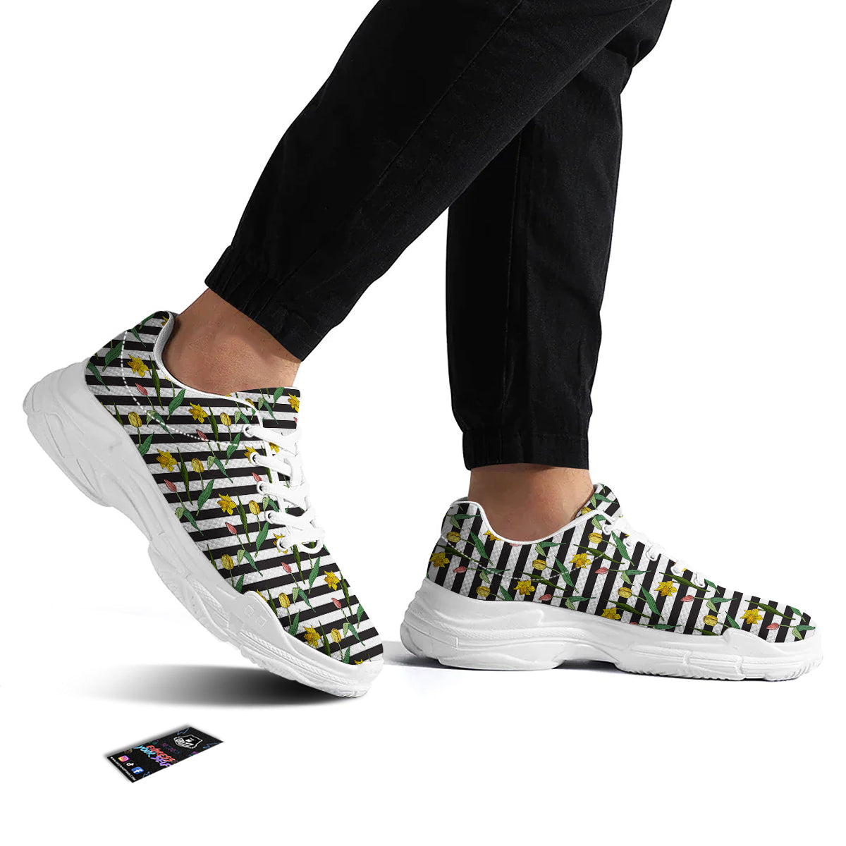 Striped Daffodil Yellow Print Pattern White Chunky Shoes-grizzshop