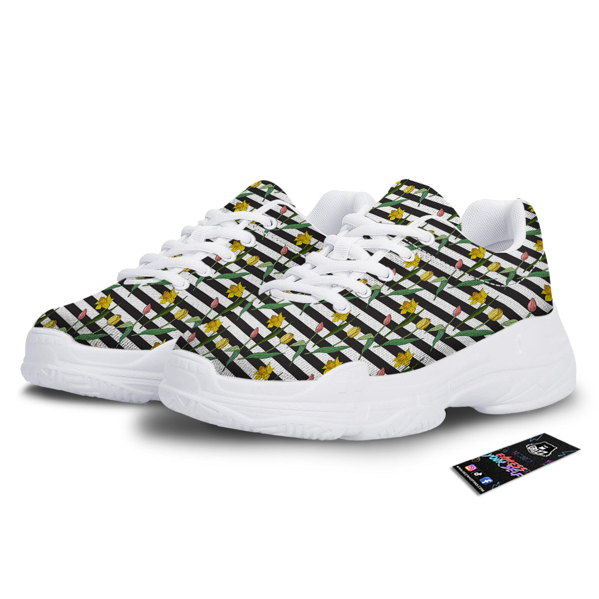 Striped Daffodil Yellow Print Pattern White Chunky Shoes-grizzshop