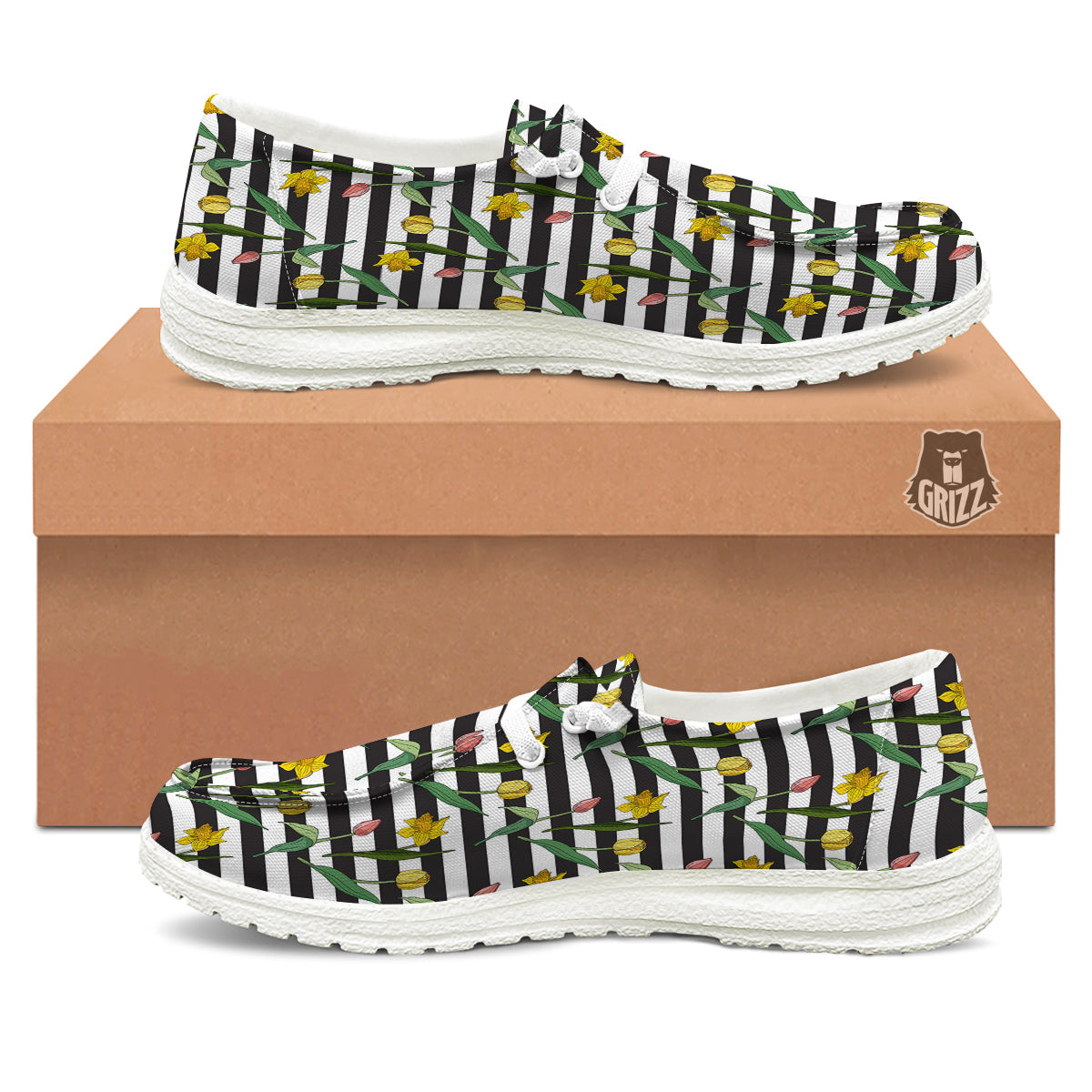 Striped Daffodil Yellow Print Pattern White Loafers-grizzshop