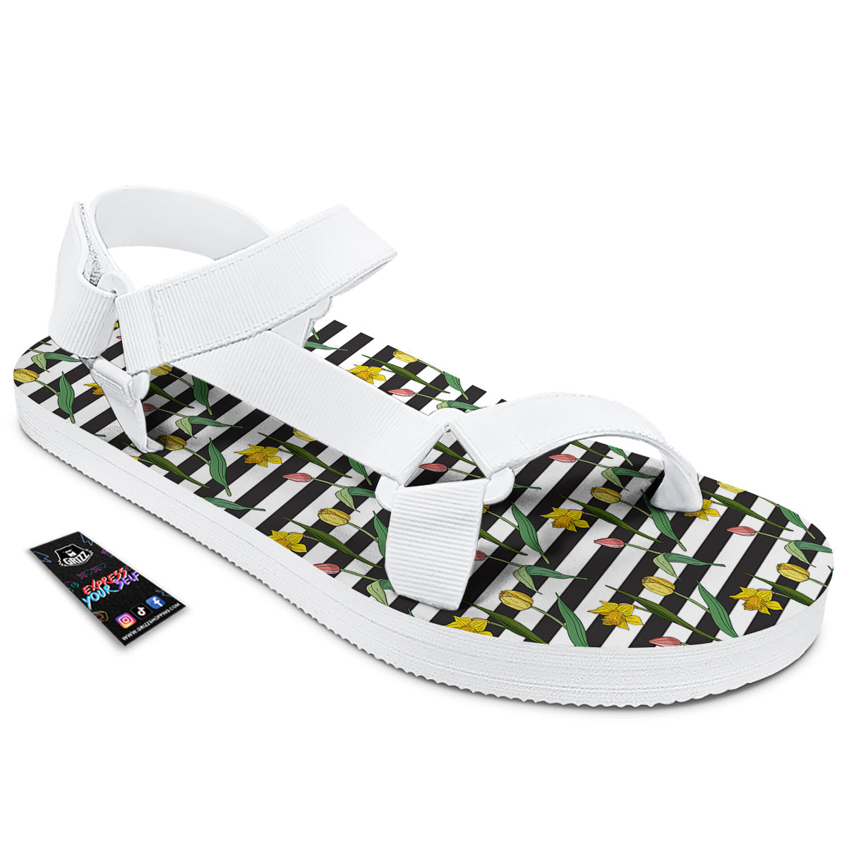 Striped Daffodil Yellow Print Pattern White Open Toe Sandals-grizzshop