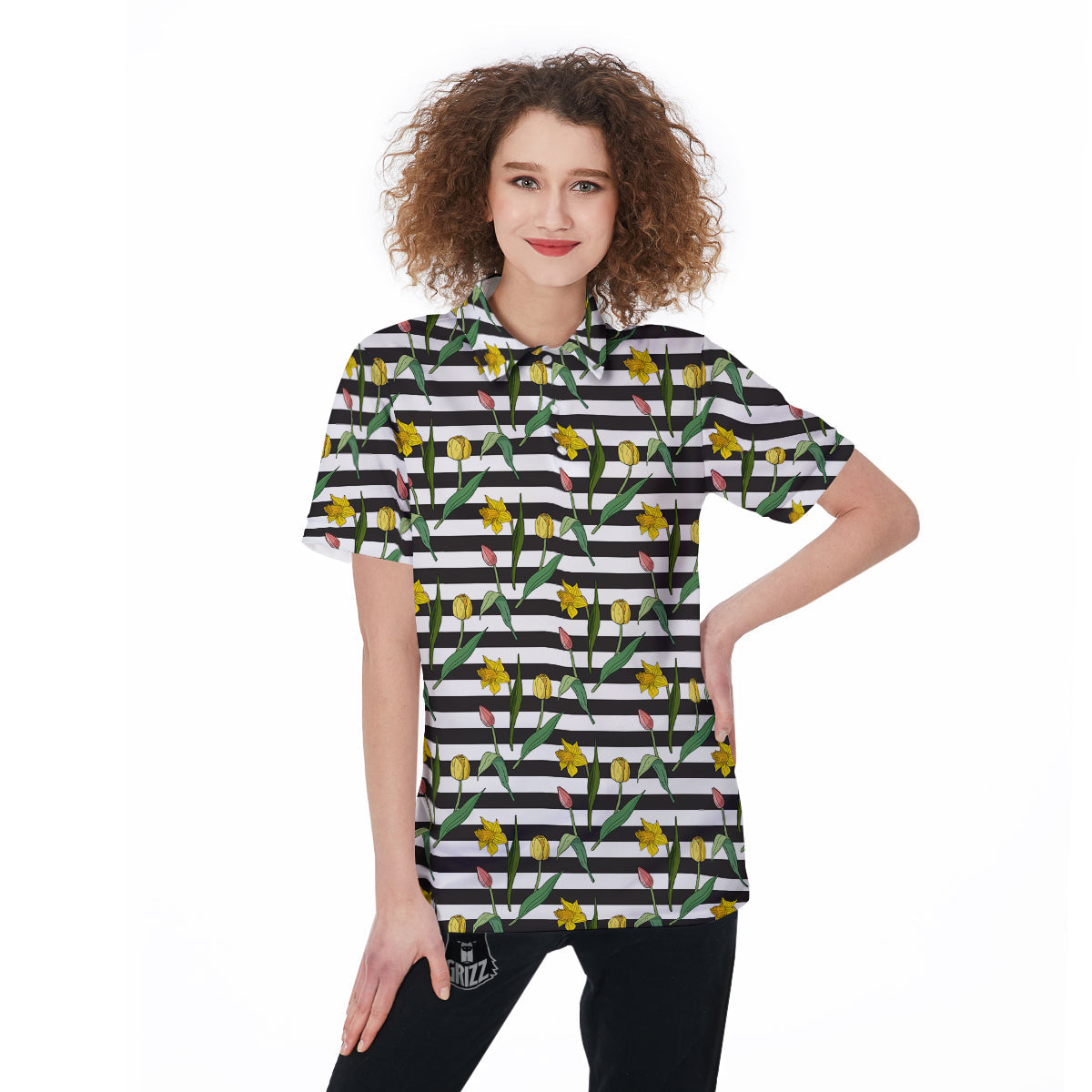 Striped Daffodil Yellow Print Pattern Women's Golf Shirts-grizzshop