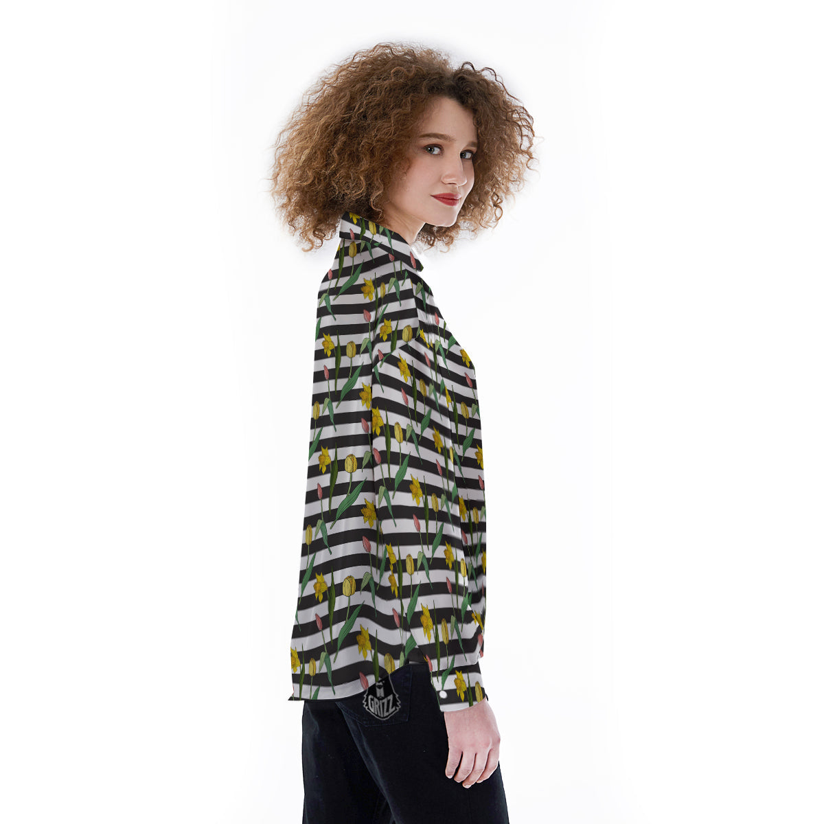 Striped Daffodil Yellow Print Pattern Women's Long Sleeve Shirts-grizzshop