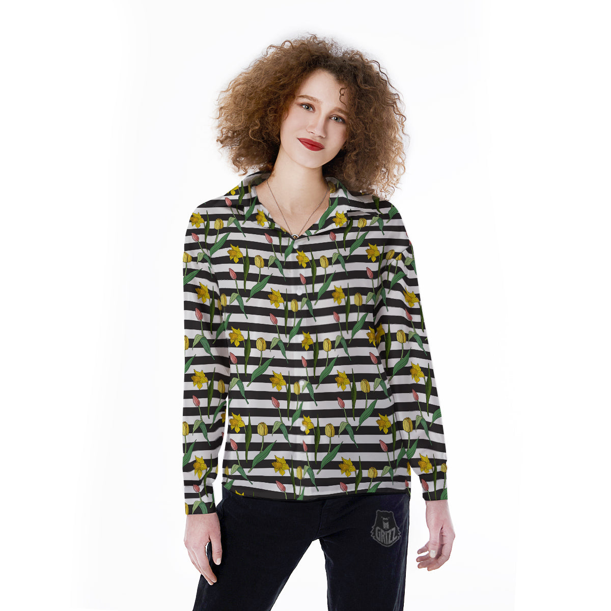 Striped Daffodil Yellow Print Pattern Women's Long Sleeve Shirts-grizzshop