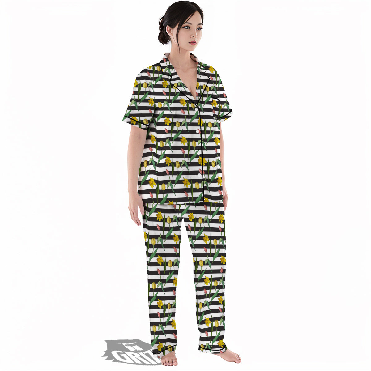 Striped Daffodil Yellow Print Pattern Women's Pajamas Set-grizzshop