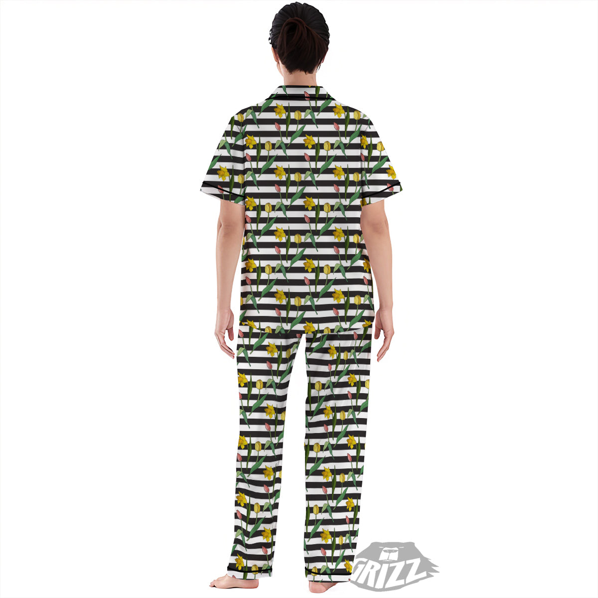 Striped Daffodil Yellow Print Pattern Women's Pajamas Set-grizzshop