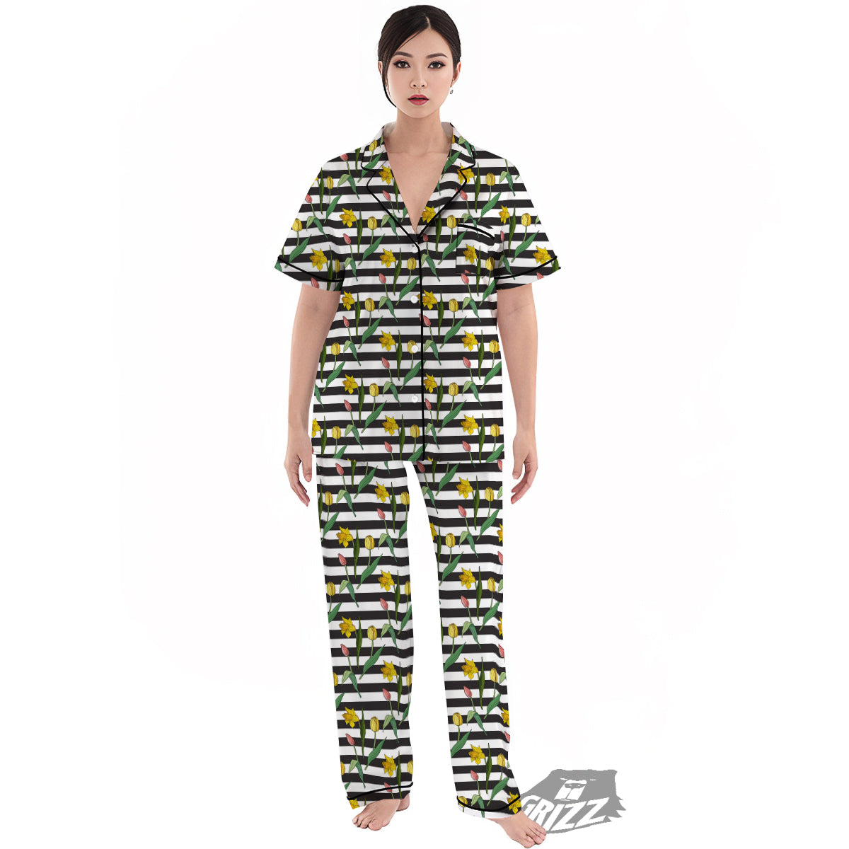 Striped Daffodil Yellow Print Pattern Women's Pajamas Set-grizzshop