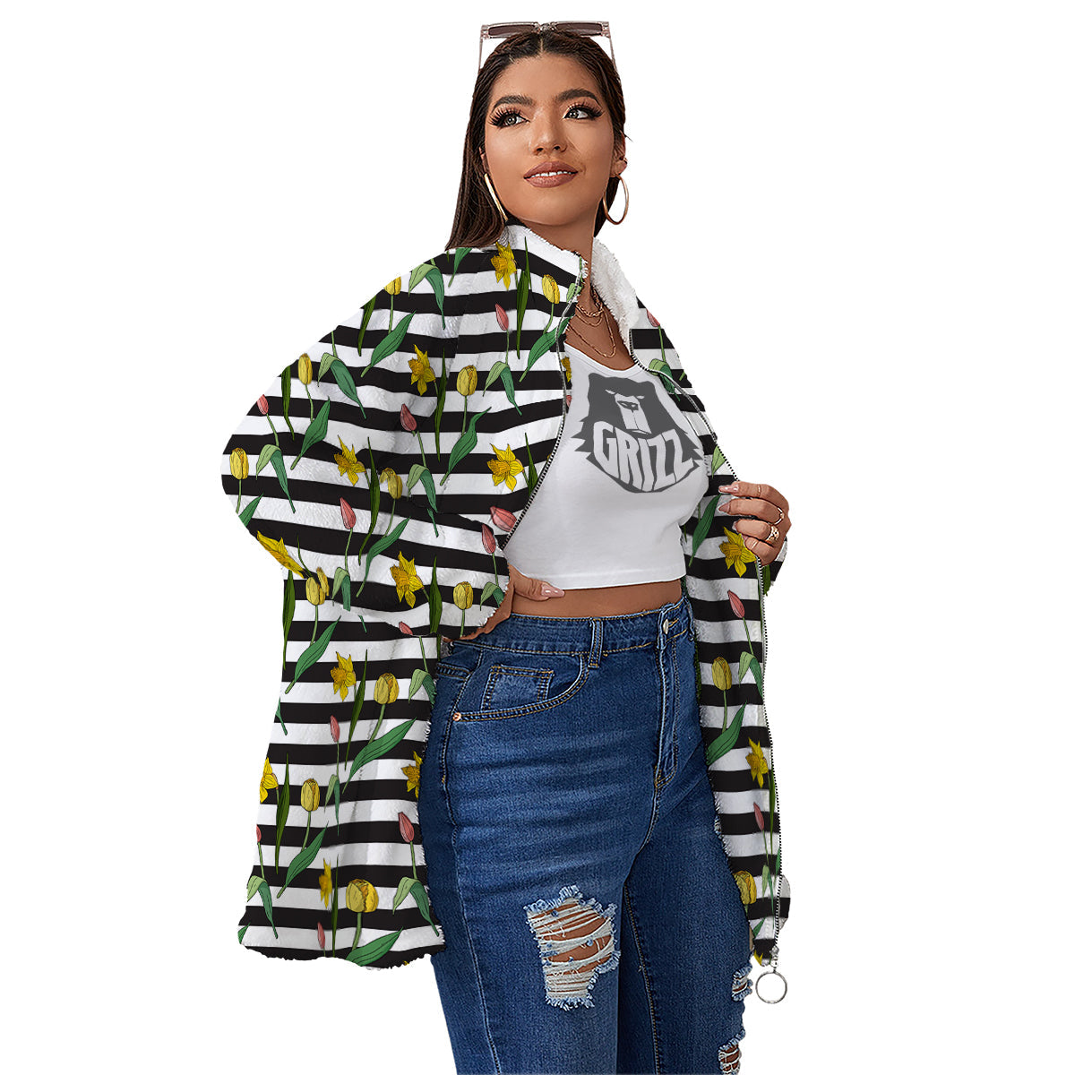 Striped Daffodil Yellow Print Pattern Women's Sherpa Jacket-grizzshop
