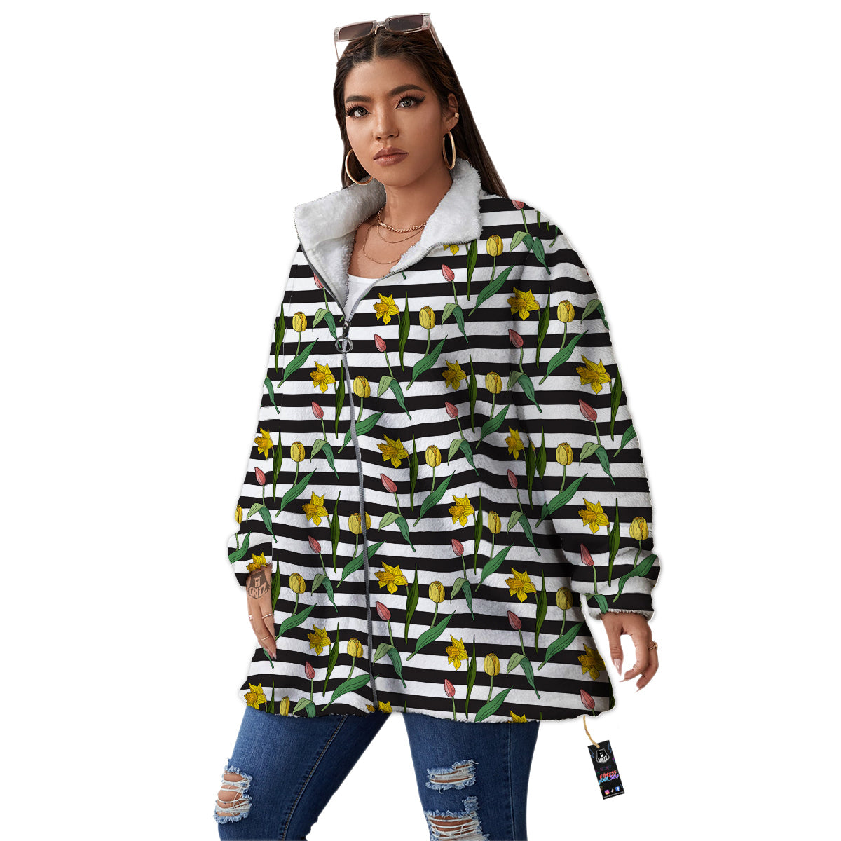Striped Daffodil Yellow Print Pattern Women's Sherpa Jacket-grizzshop