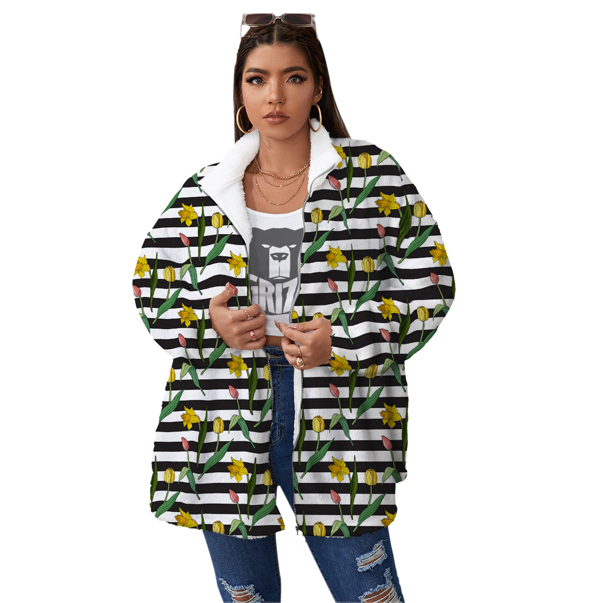 Striped Daffodil Yellow Print Pattern Women's Sherpa Jacket-grizzshop