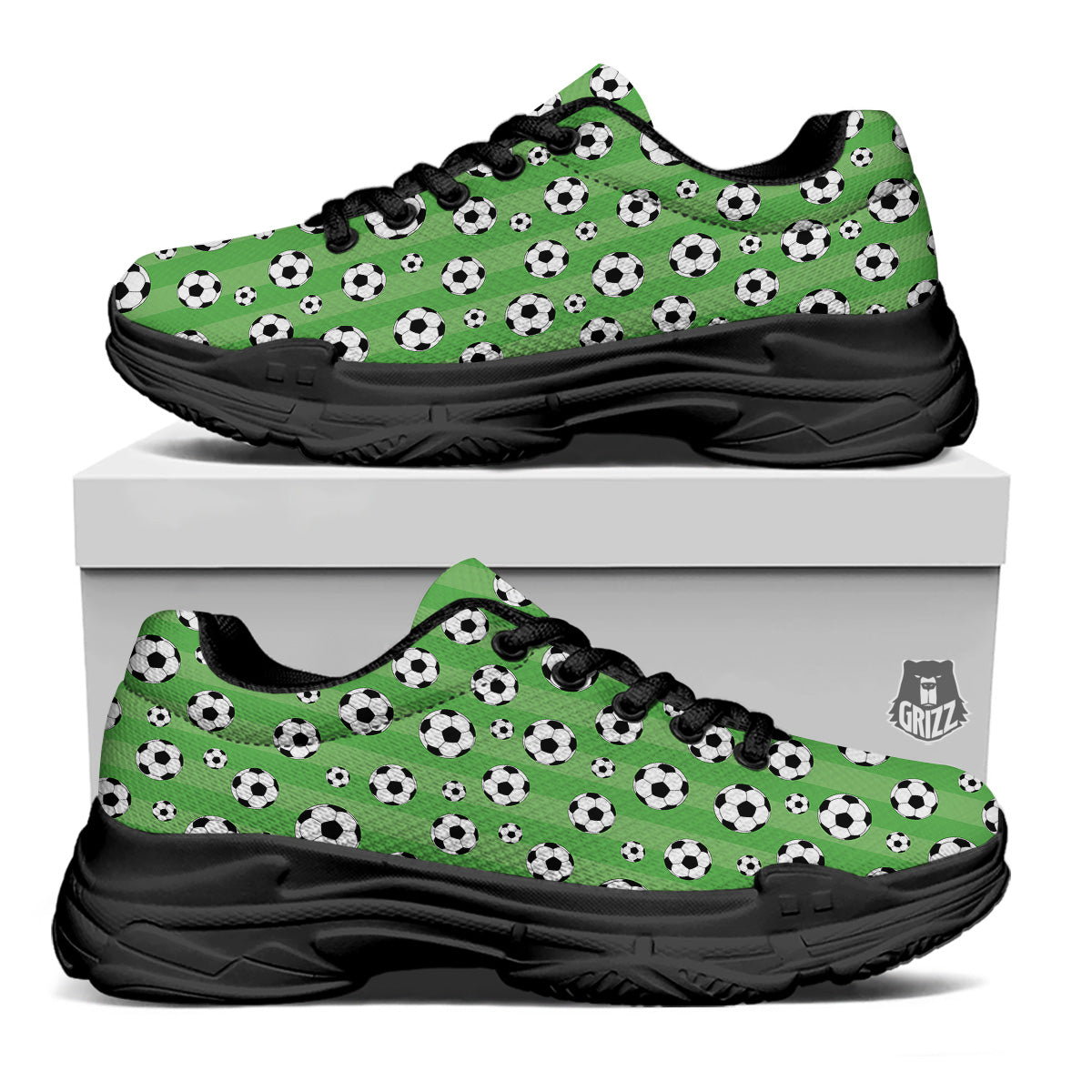 Striped Green Football Print Pattern Black Chunky Shoes-grizzshop