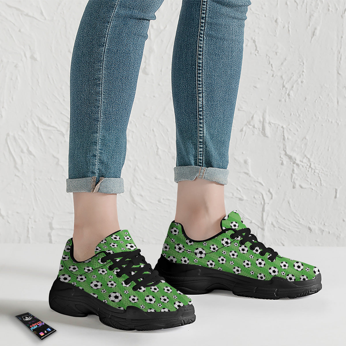 Striped Green Football Print Pattern Black Chunky Shoes-grizzshop