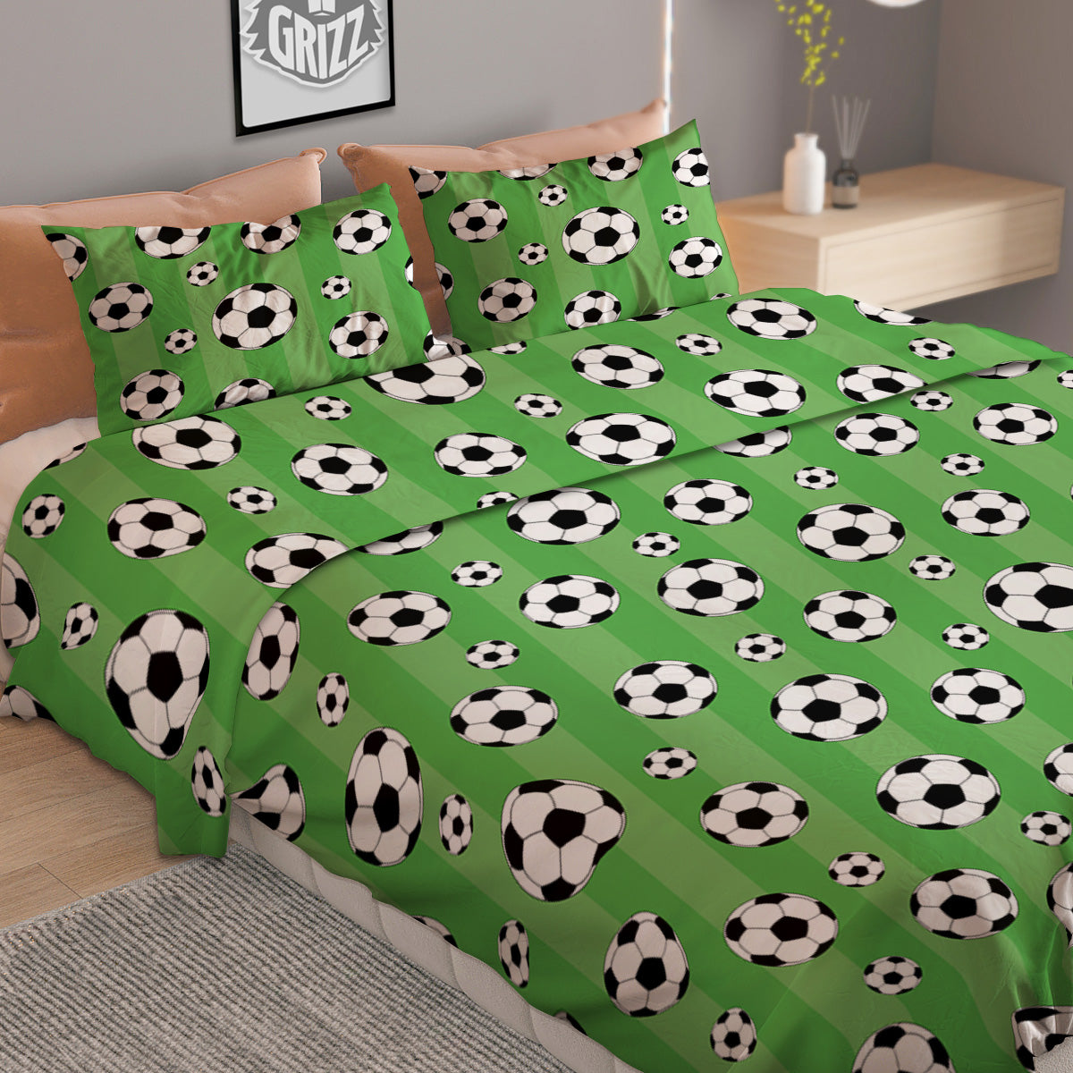 Striped Green Football Print Pattern Duvet Cover Bedding Set