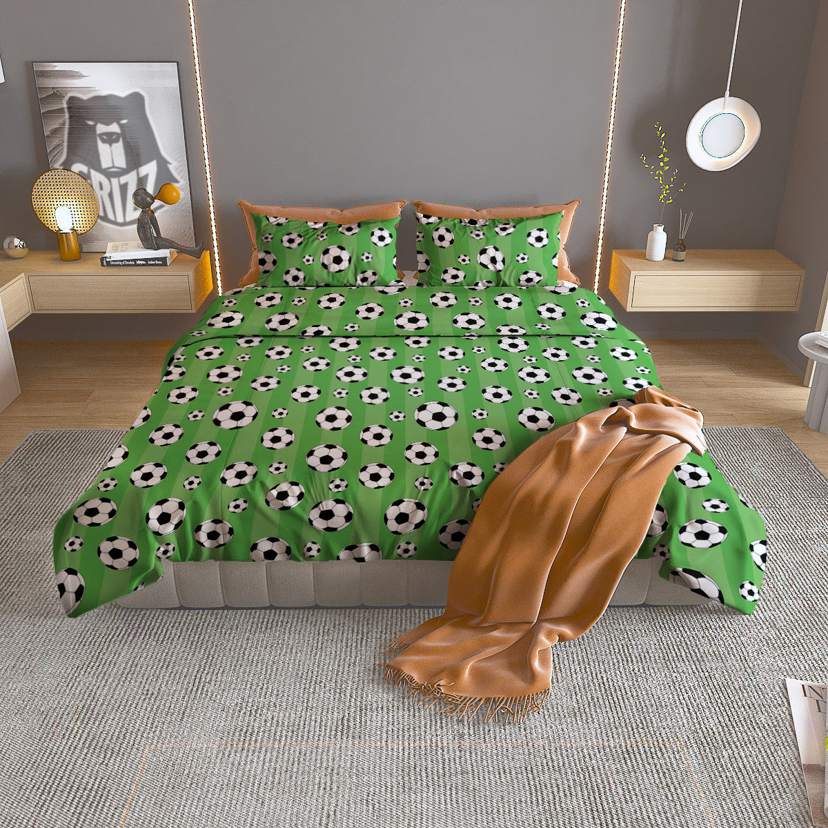 Striped Green Football Print Pattern Duvet Cover Bedding Set