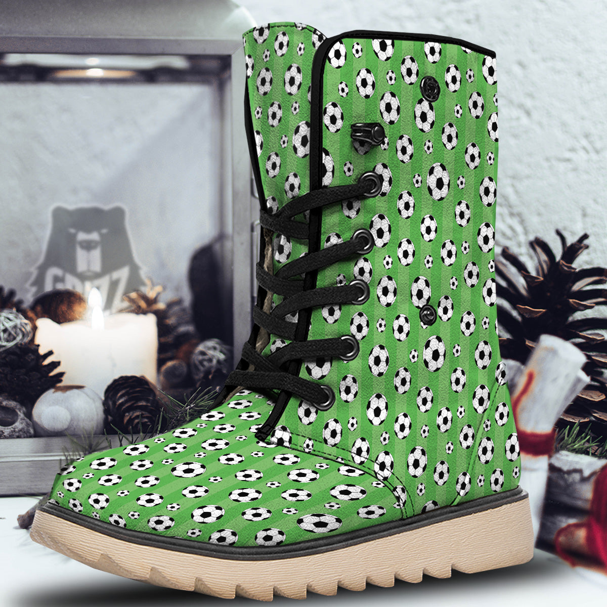 Striped Green Football Print Pattern Snow Boots-grizzshop