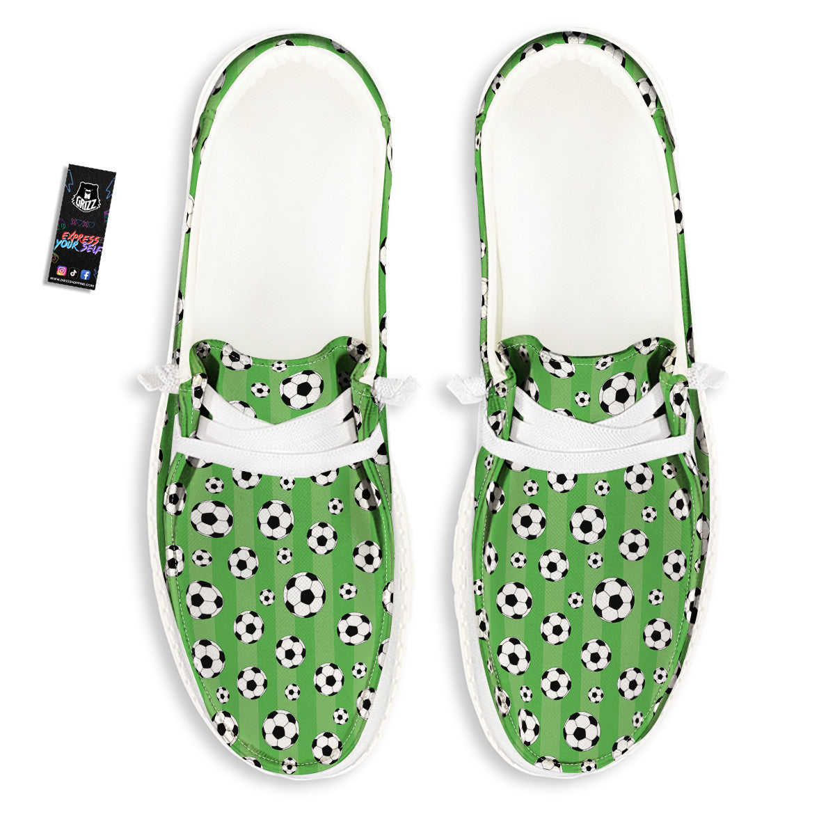 Striped Green Football Print Pattern White Loafers-grizzshop