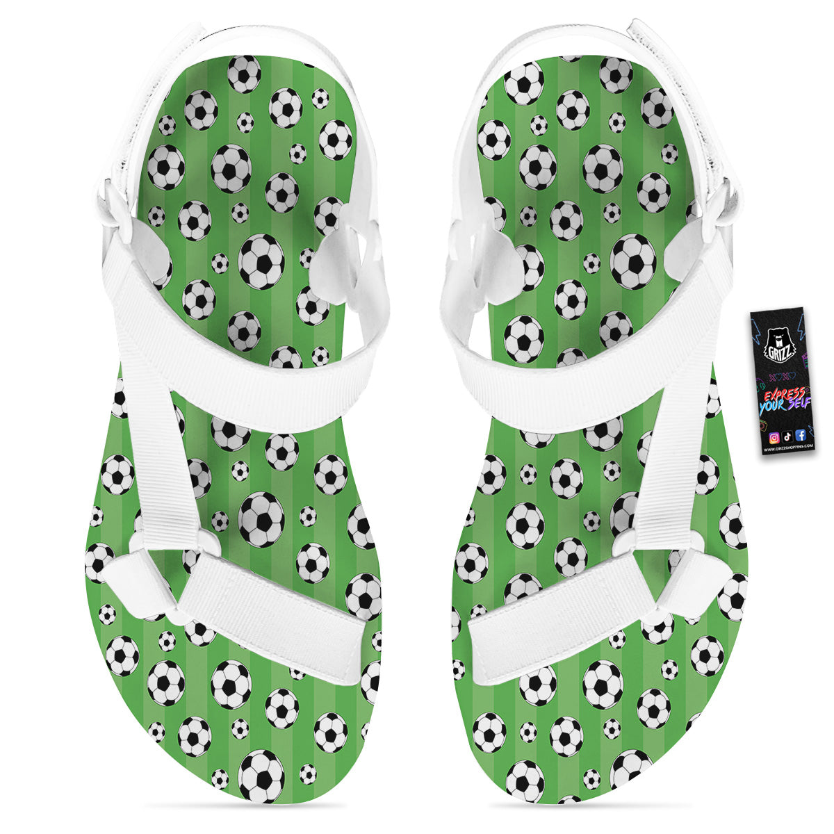 Striped Green Football Print Pattern White Open Toe Sandals-grizzshop