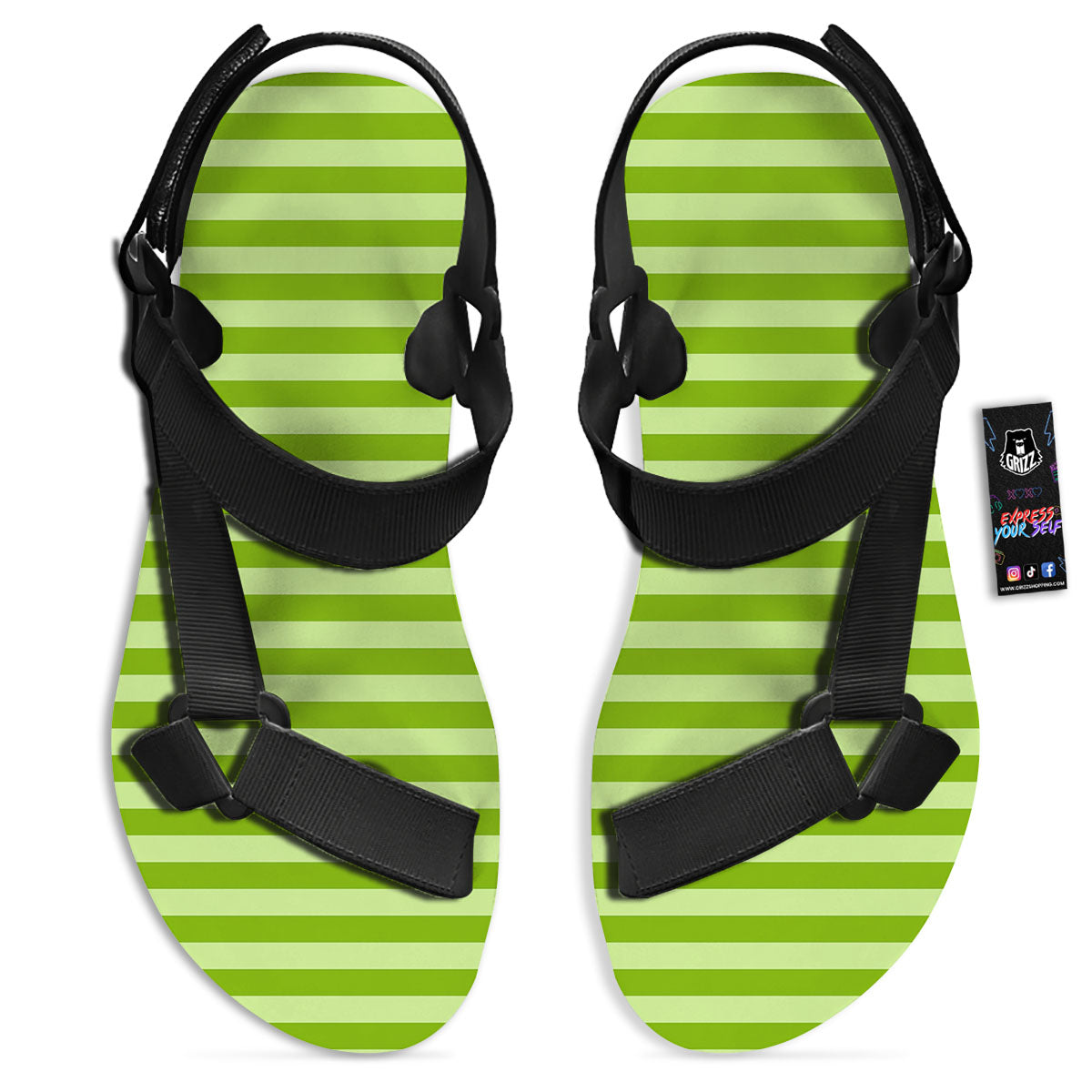 Striped Green Print Pattern Black Open Toe Sandals-grizzshop