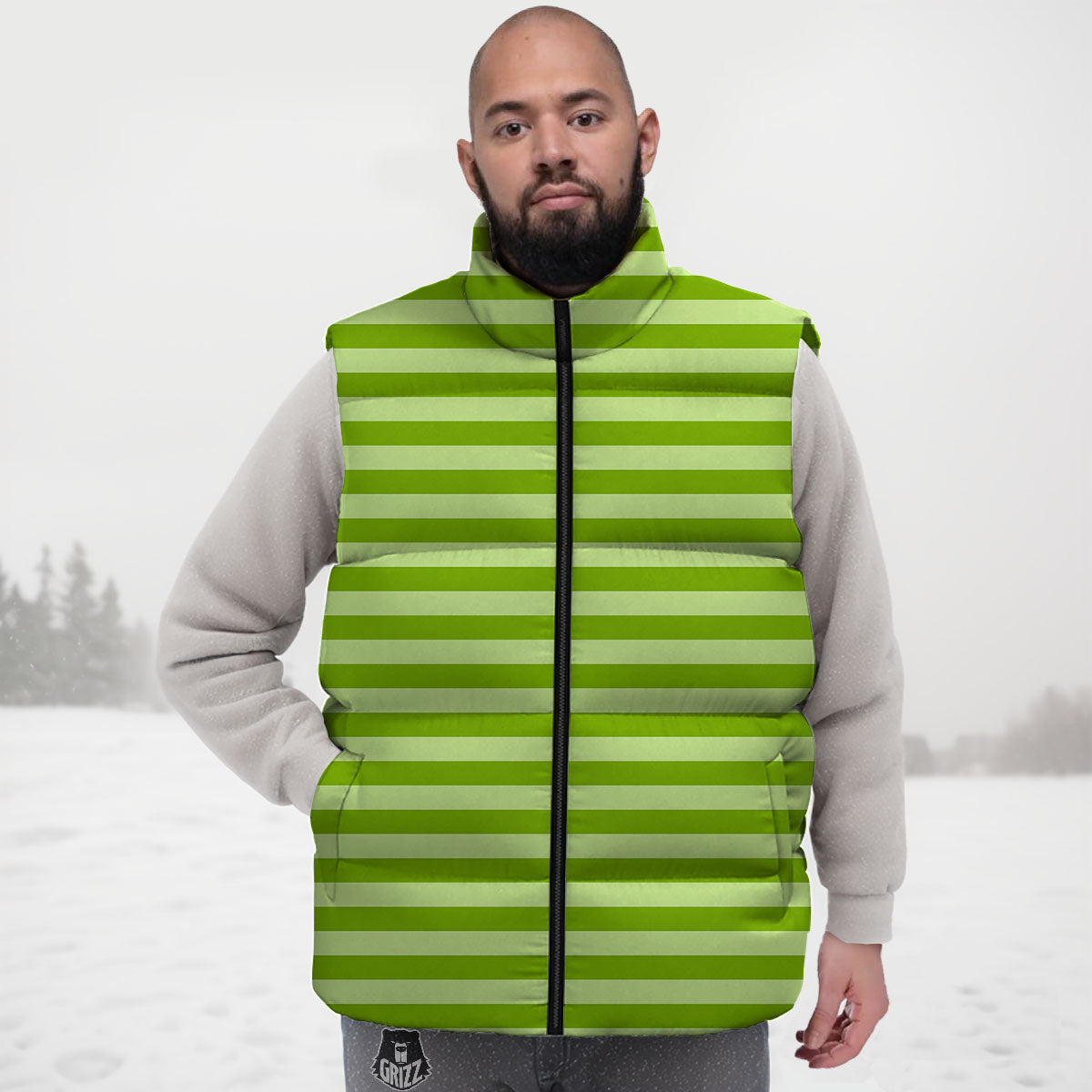 Striped Green Print Pattern Down Vest