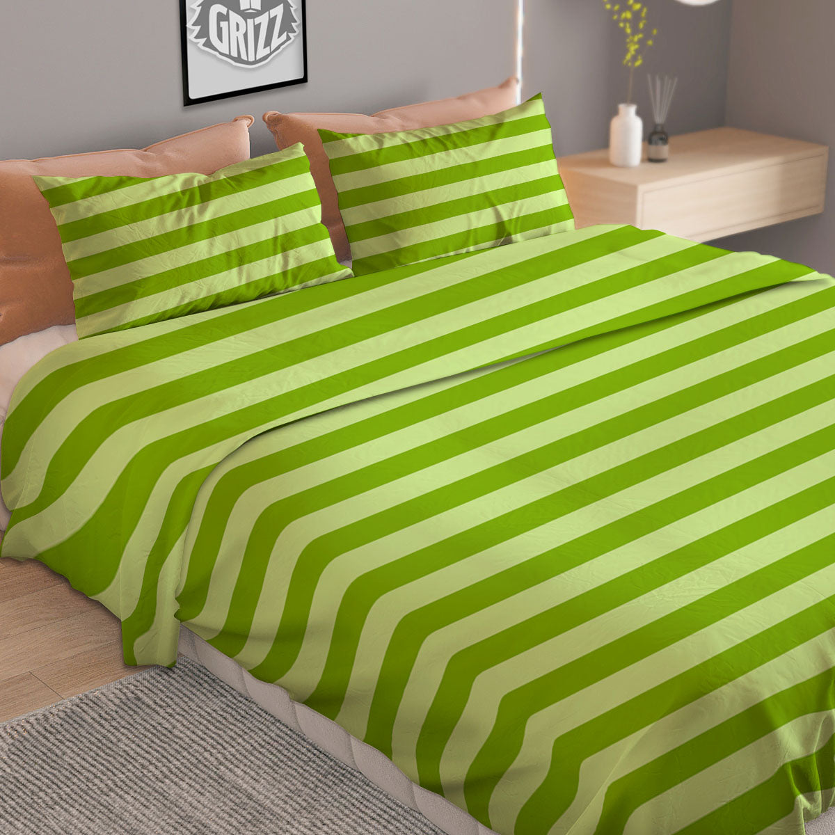 Striped Green Print Pattern Duvet Cover Bedding Set