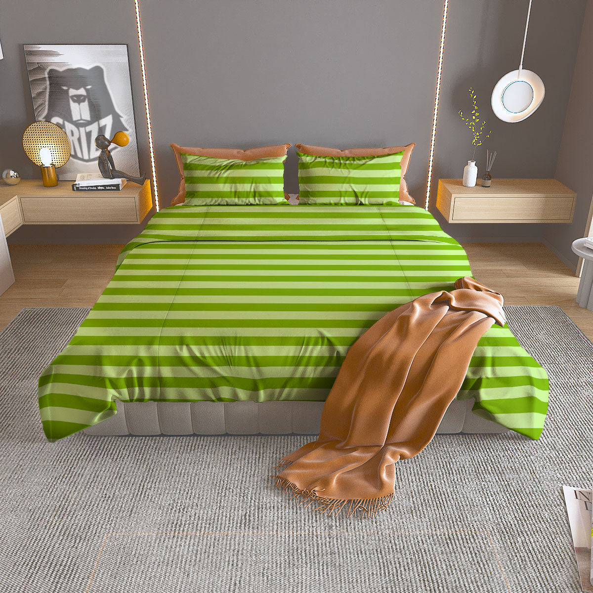 Striped Green Print Pattern Duvet Cover Bedding Set