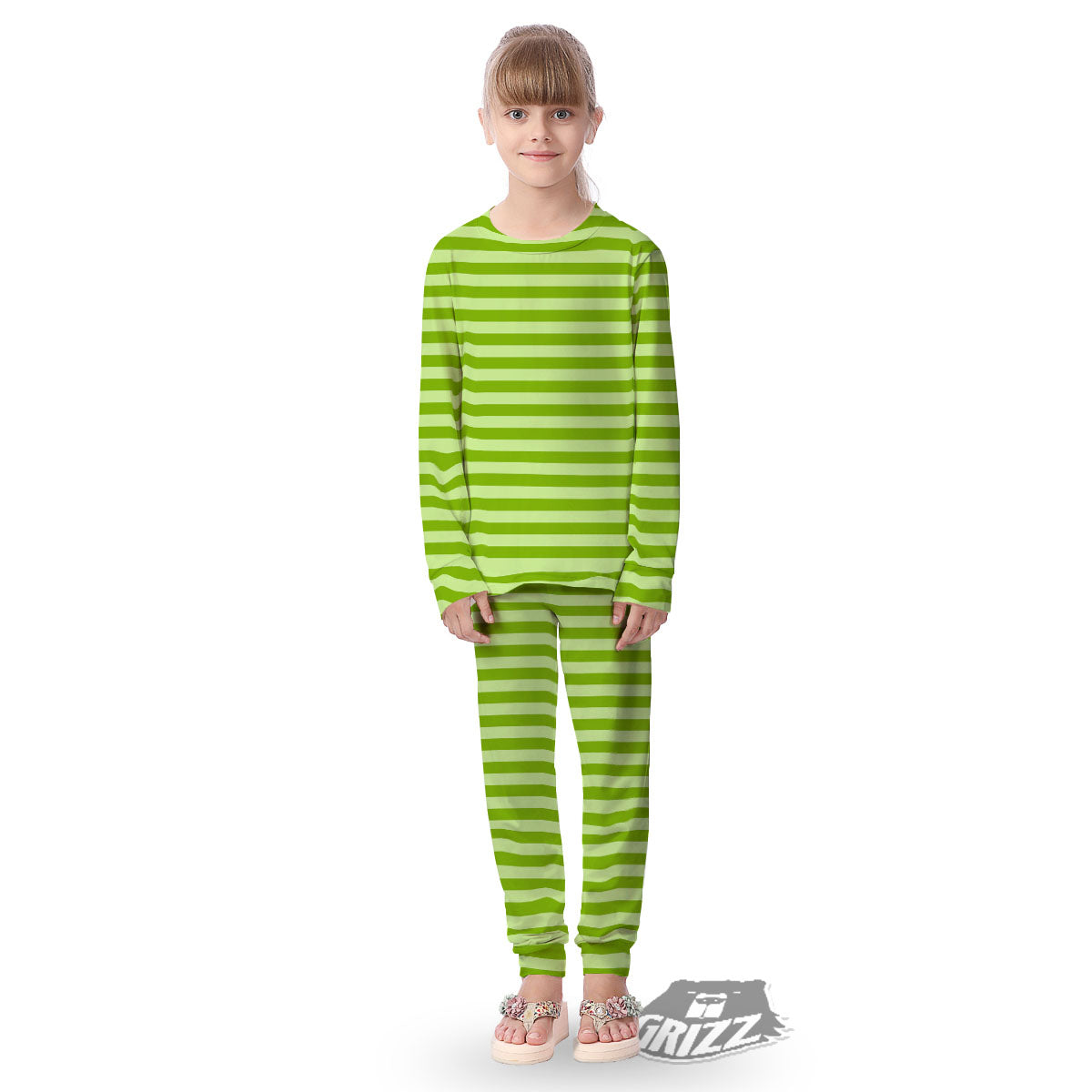 Striped Green Print Pattern Kid's Pajamas-grizzshop