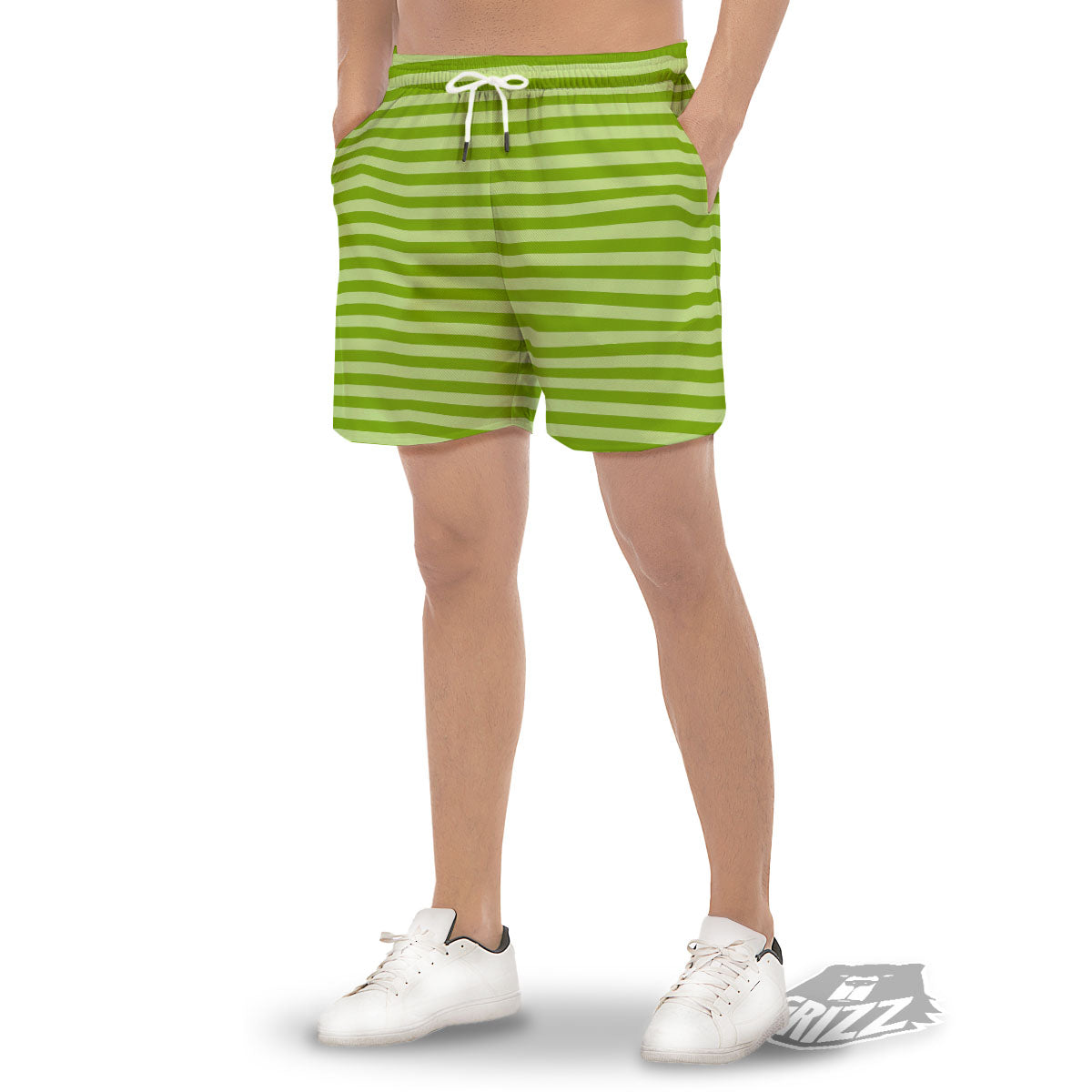 Striped Green Print Pattern Men's Gym Shorts-grizzshop