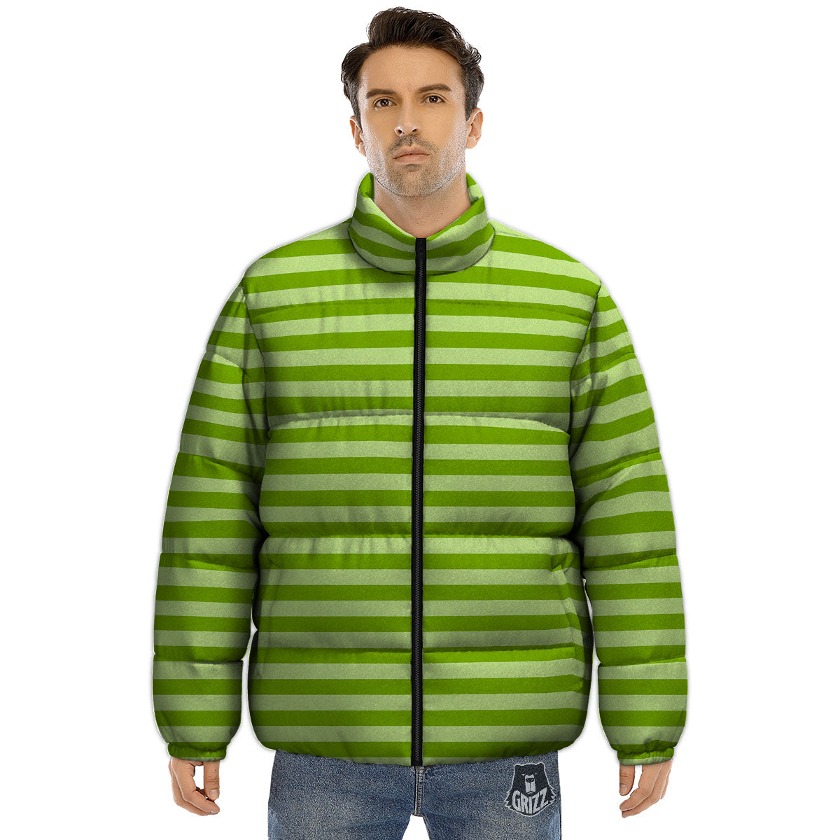 Striped Green Print Pattern Puffer Jacket-grizzshop