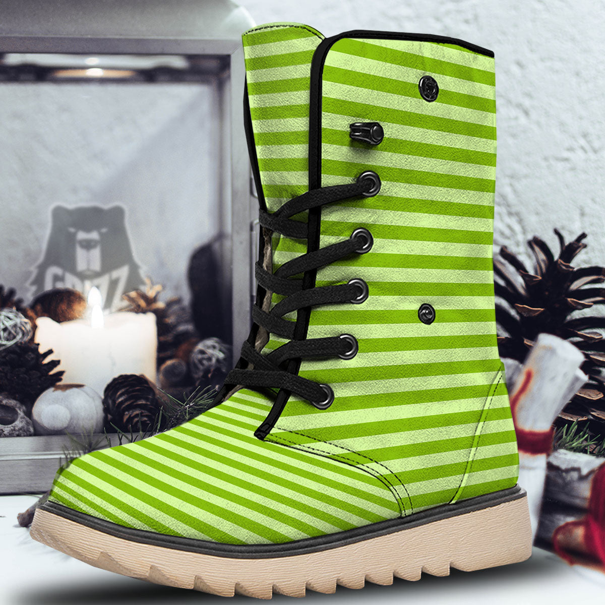 Striped Green Print Pattern Snow Boots-grizzshop