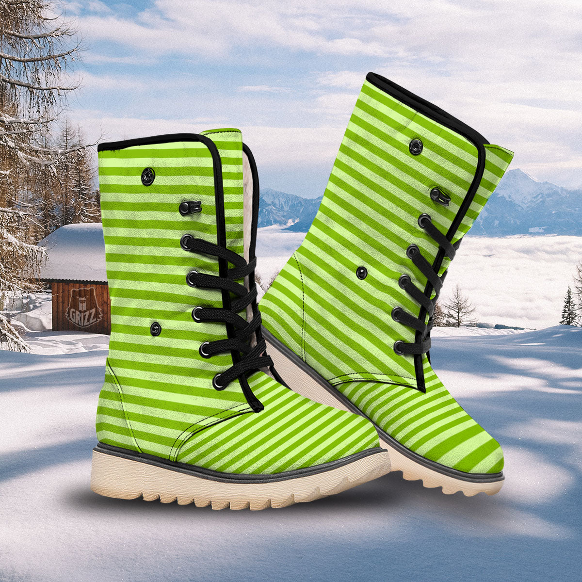 Striped Green Print Pattern Snow Boots-grizzshop