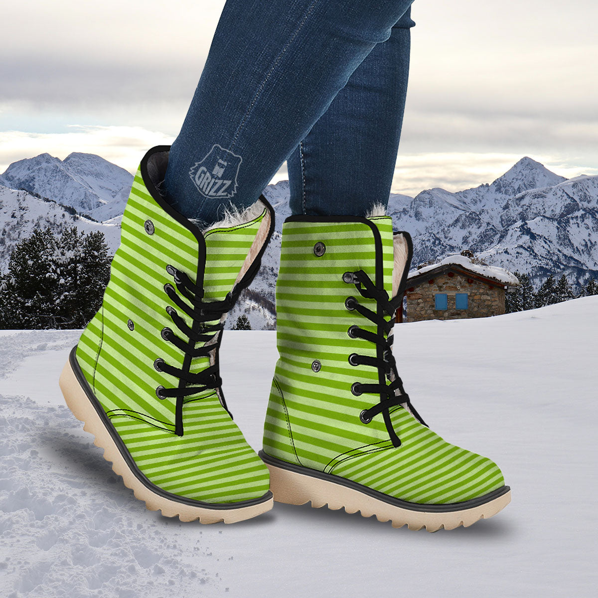 Striped Green Print Pattern Snow Boots-grizzshop