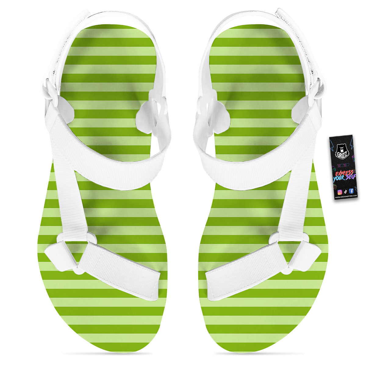 Striped Green Print Pattern White Open Toe Sandals-grizzshop