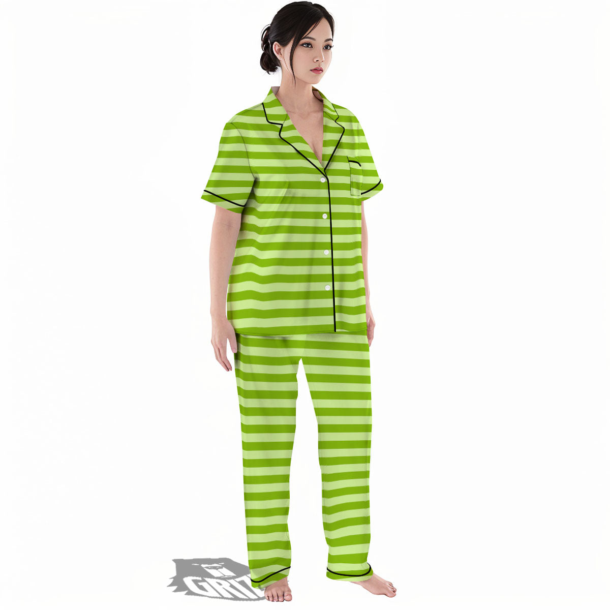 Striped Green Print Pattern Women's Pajamas Set-grizzshop