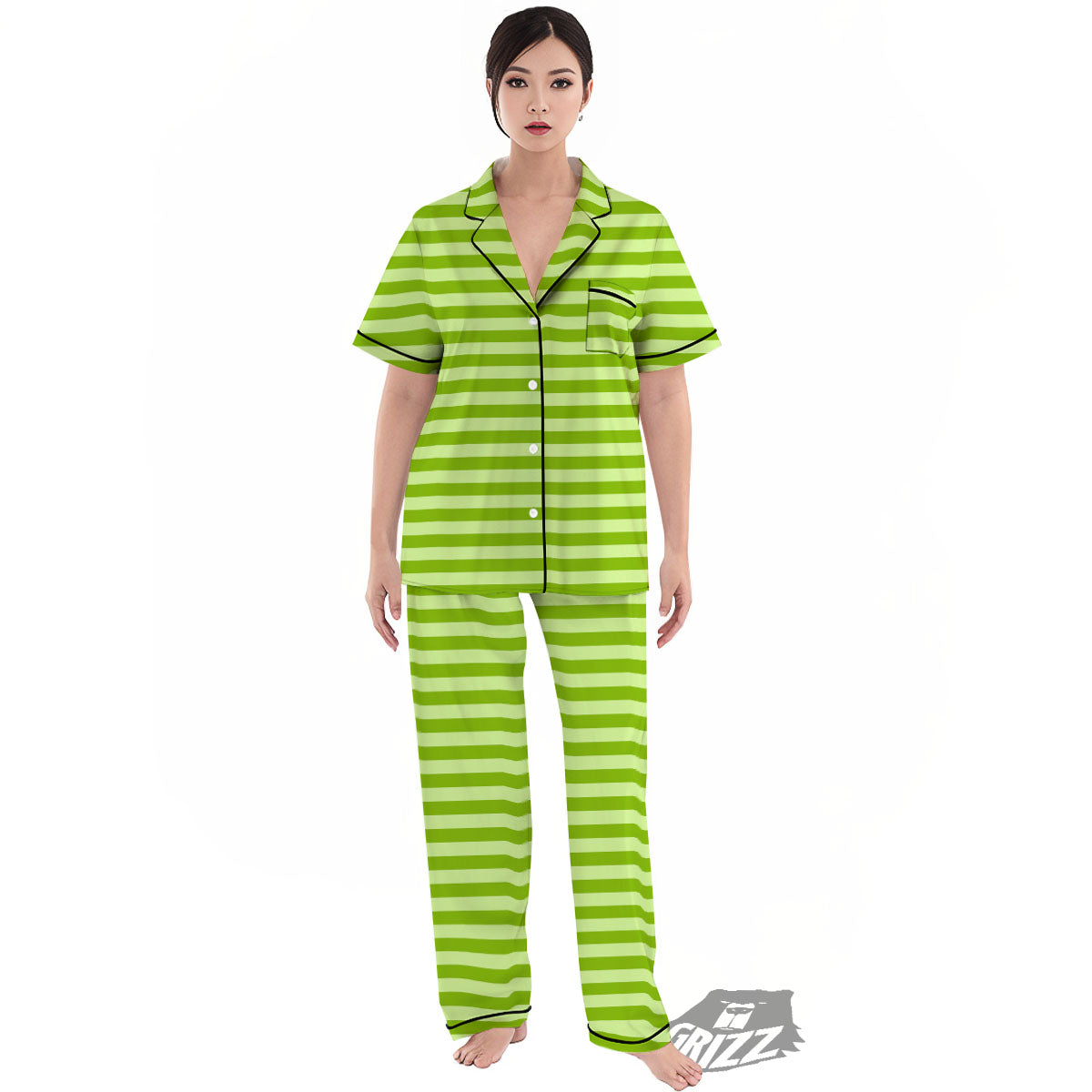 Striped Green Print Pattern Women's Pajamas Set-grizzshop