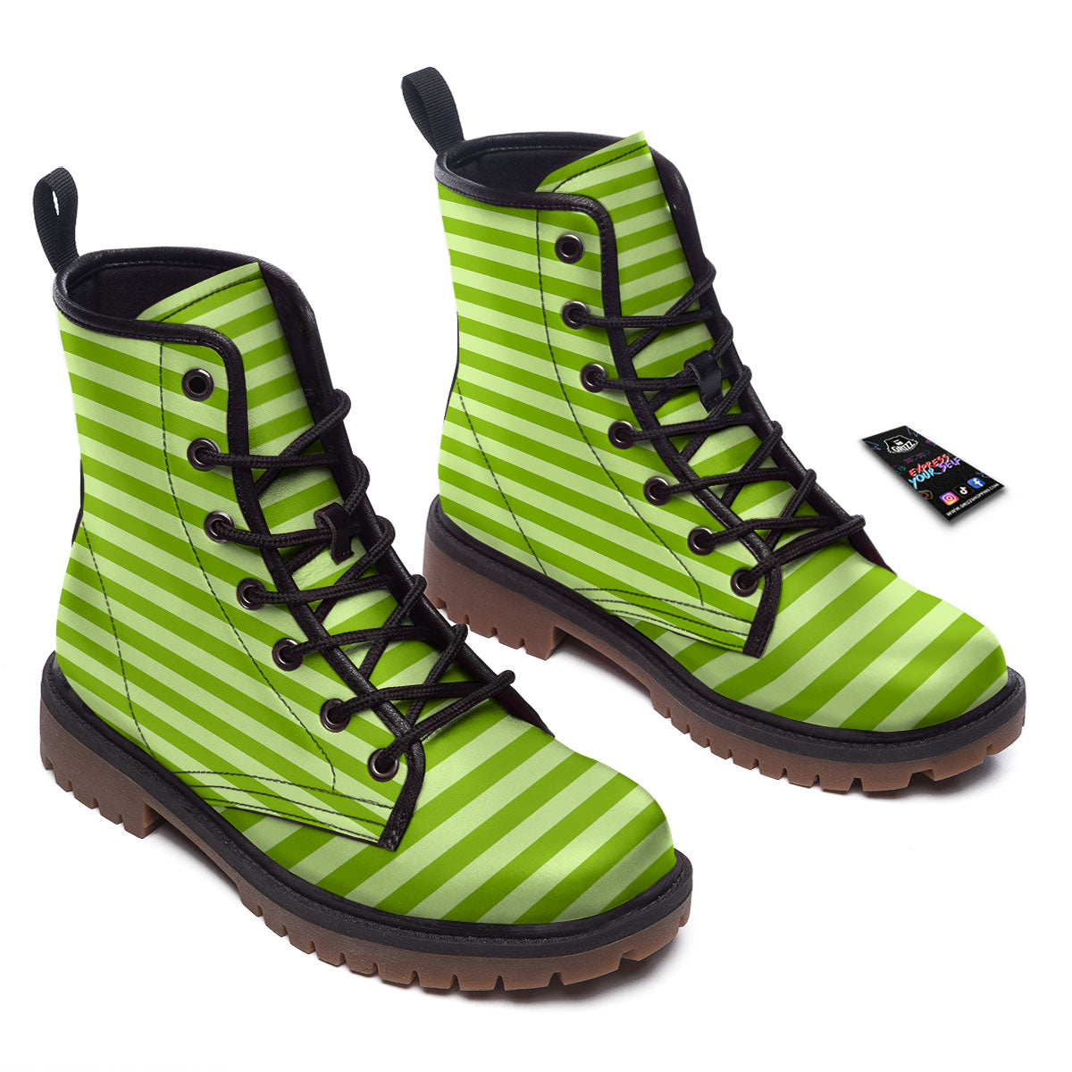 Striped Green Print Pattern Work Boots-grizzshop