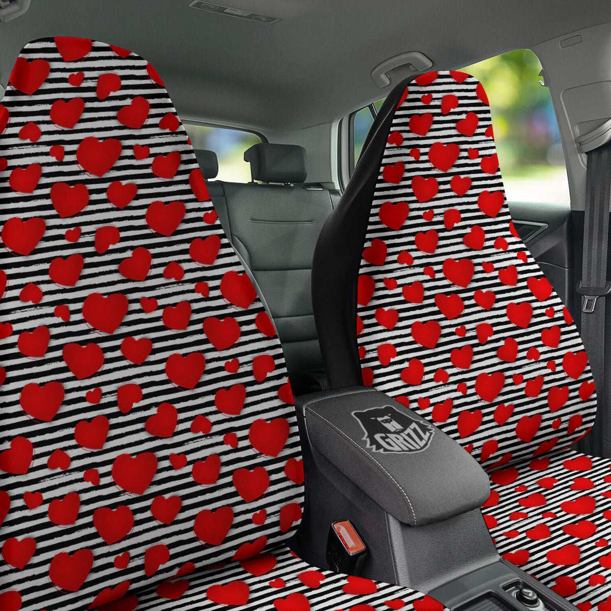 Striped Heart White And Black Print Car Seat Covers-grizzshop