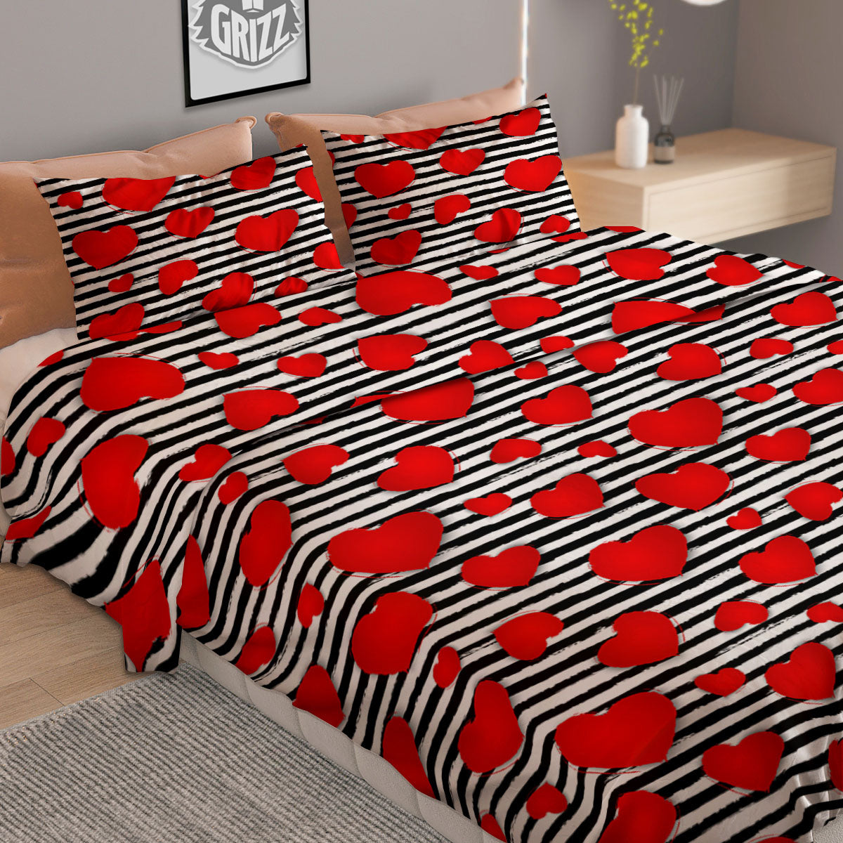 Striped Heart White And Black Print Duvet Cover Bedding Set