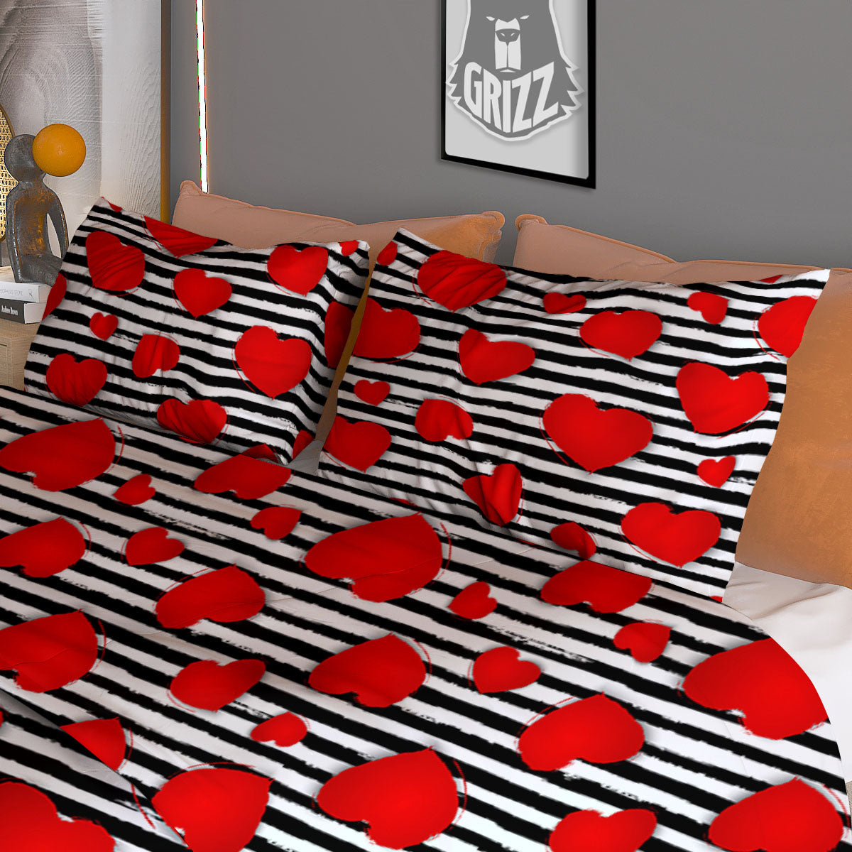 Striped Heart White And Black Print Duvet Cover Bedding Set