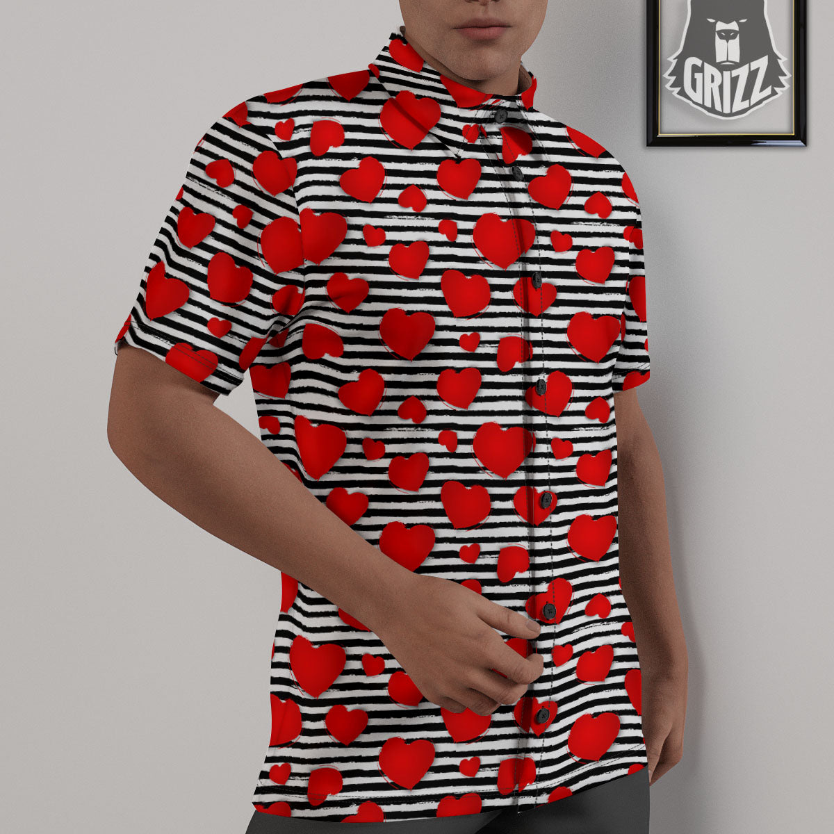 Striped Heart White And Black Print Untucked Shirts-grizzshop