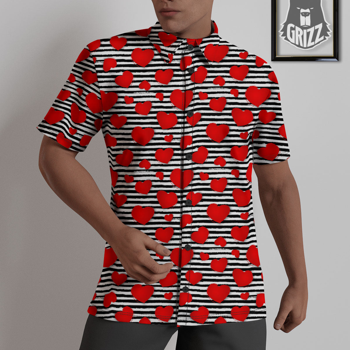 Striped Heart White And Black Print Untucked Shirts-grizzshop