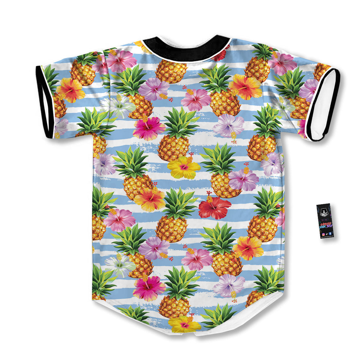 Striped Hibiscus And Pineapple Print Baseball Jersey-grizzshop